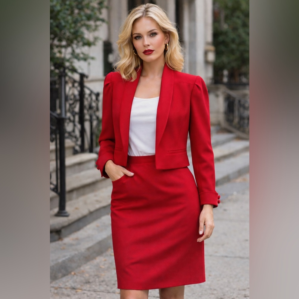 Red Power Suit Set | Vintage High Waist midi skirt & puff shoulder blazer